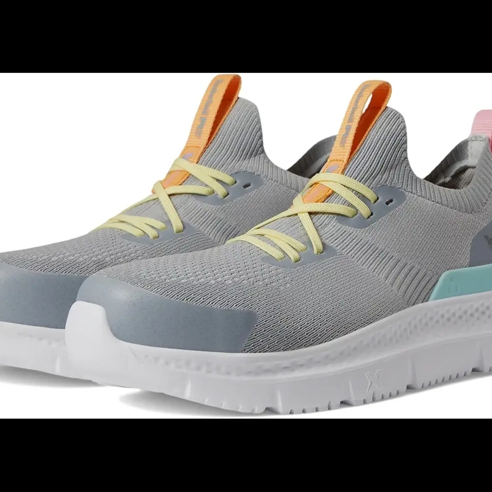 Gray and White Sneakers with Yellow Laces